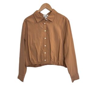 Future Collective tan vertical stripe elastic waist long sleeve cropped top